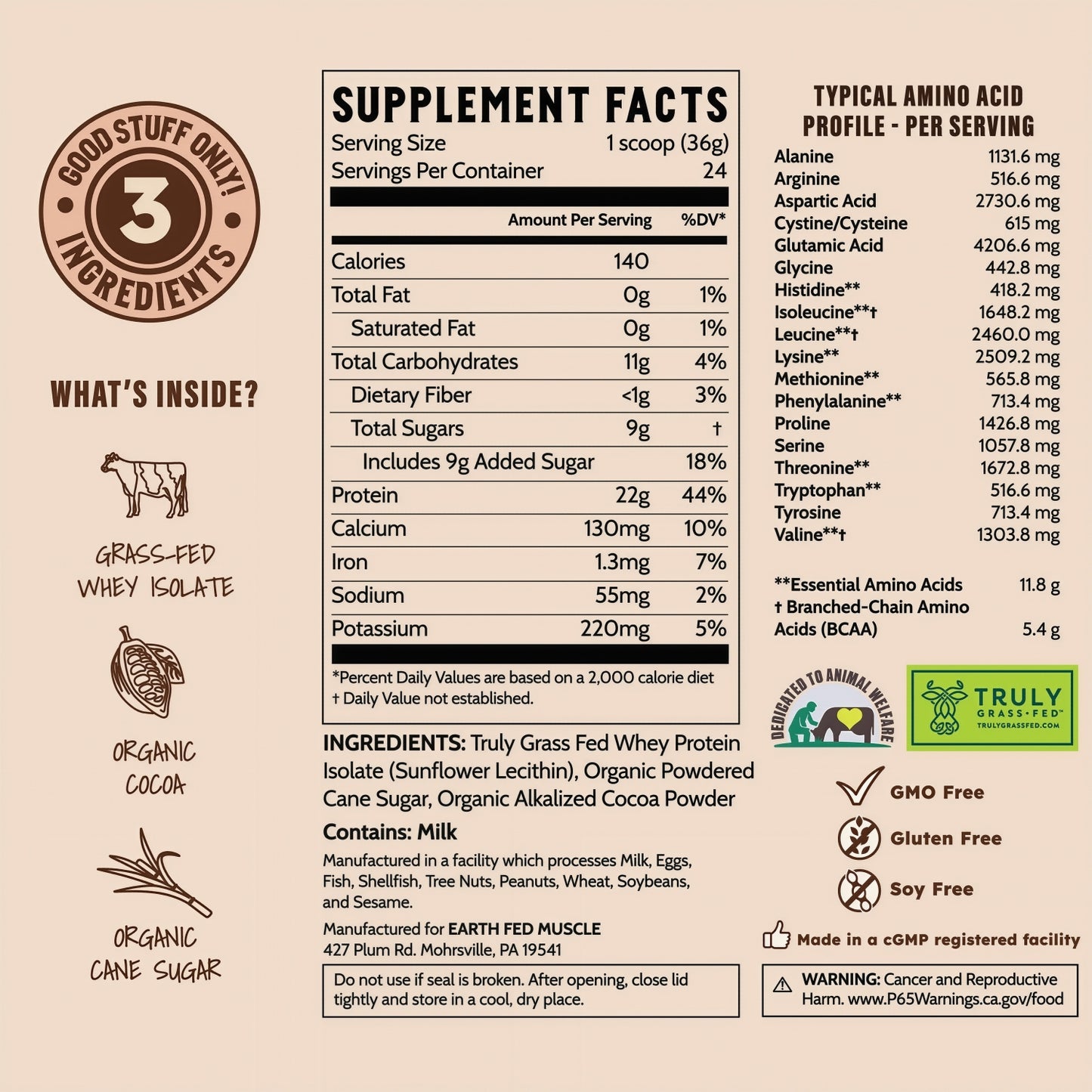 Earth Fed Muscle  Chocolate Shakeup Chocolate Grass-Fed Whey Protein 2 LB